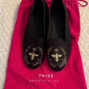 By PAIGE Black needlepoint Flats with Gold Embroidered Bee Motif